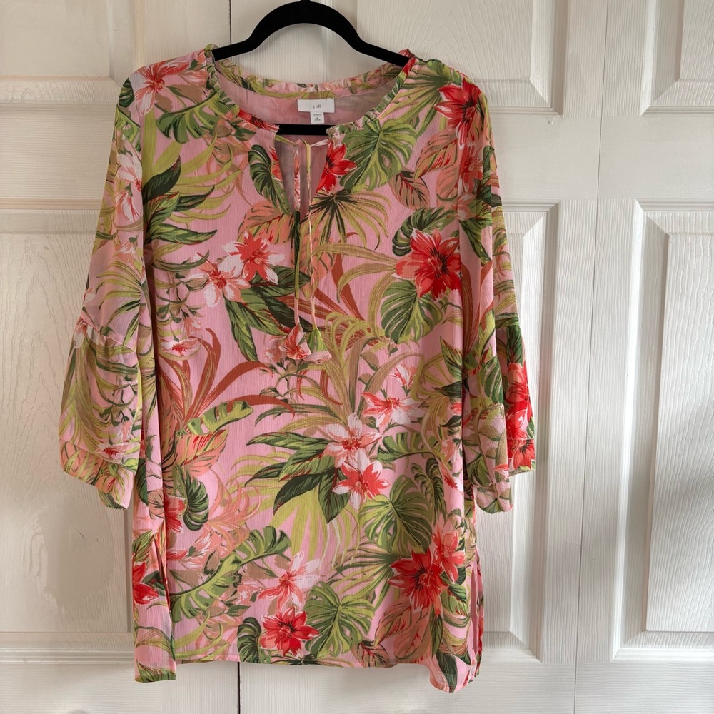 J. Jill Tropical Floral‎ Lined Chiffon Tunic Top Blouse MP Boho Garden Coastal